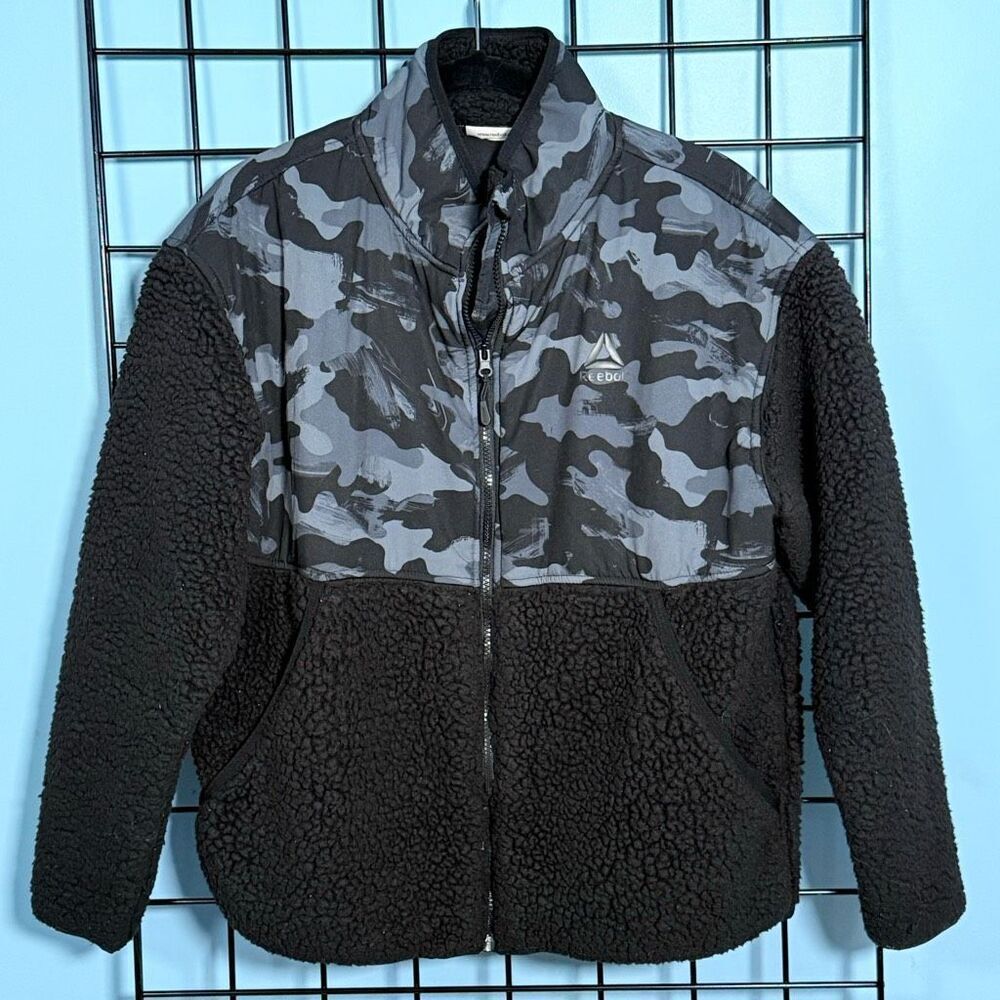 Reebok Faux Sherpa Full Zip Jacket Womens L‎ Gray Camo Gorpcore Activewear